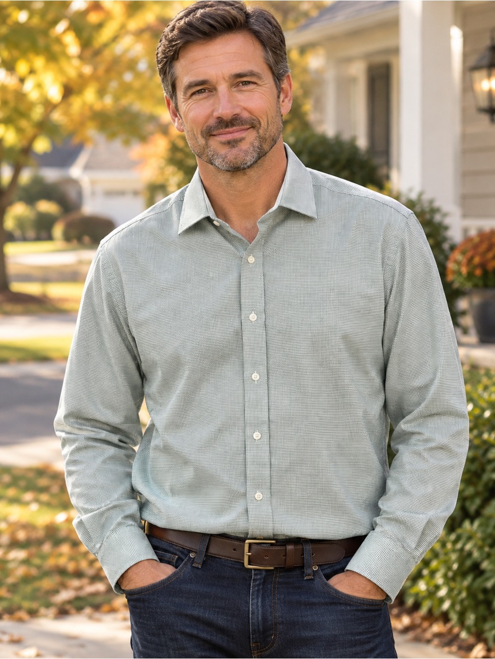Charles Tyrwhitt Classic Fit Sage Green Long-Sleeve Button-Down Shirt